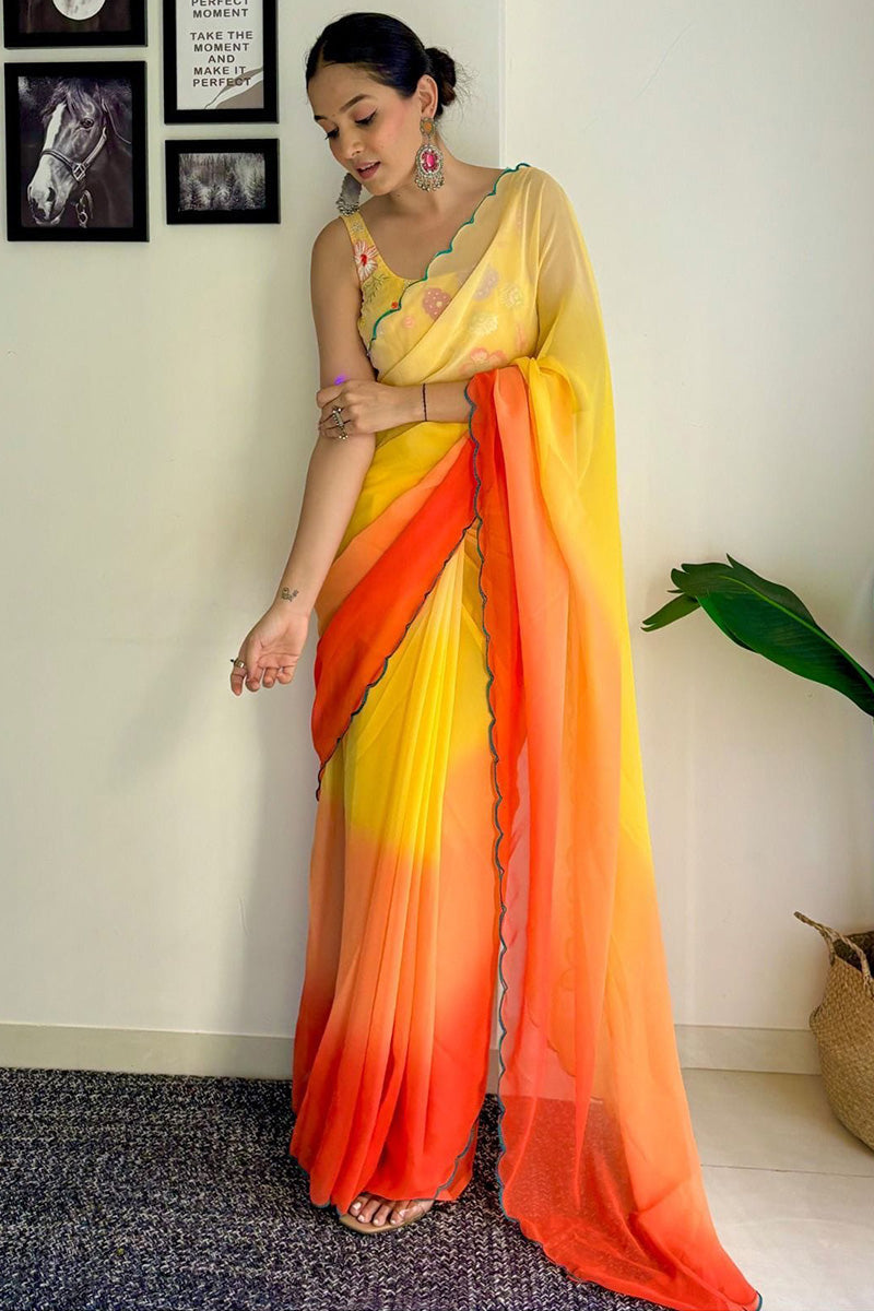 Sophisticated 1-Minute Ready To Wear Yellow and Orange Georgette Saree