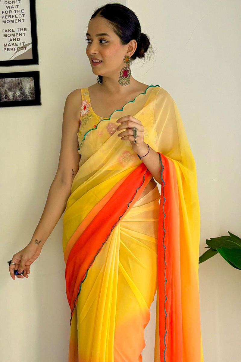 Sophisticated 1-Minute Ready To Wear Yellow and Orange Georgette Saree