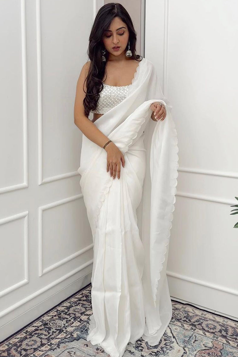 Mesmerising 1-Minute Ready To Wear White Georgette Saree