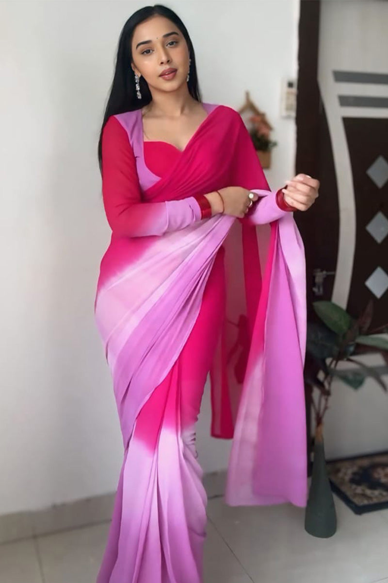 Wonderful 1-Minute Ready To Wear Pink and Lavender Georgette Saree