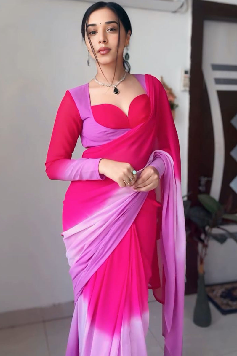 Wonderful 1-Minute Ready To Wear Pink and Lavender Georgette Saree