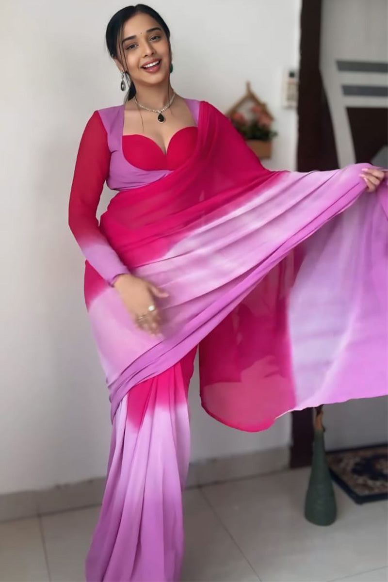 Wonderful 1-Minute Ready To Wear Pink and Lavender Georgette Saree