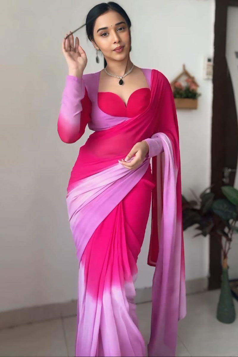 Wonderful 1-Minute Ready To Wear Pink and Lavender Georgette Saree