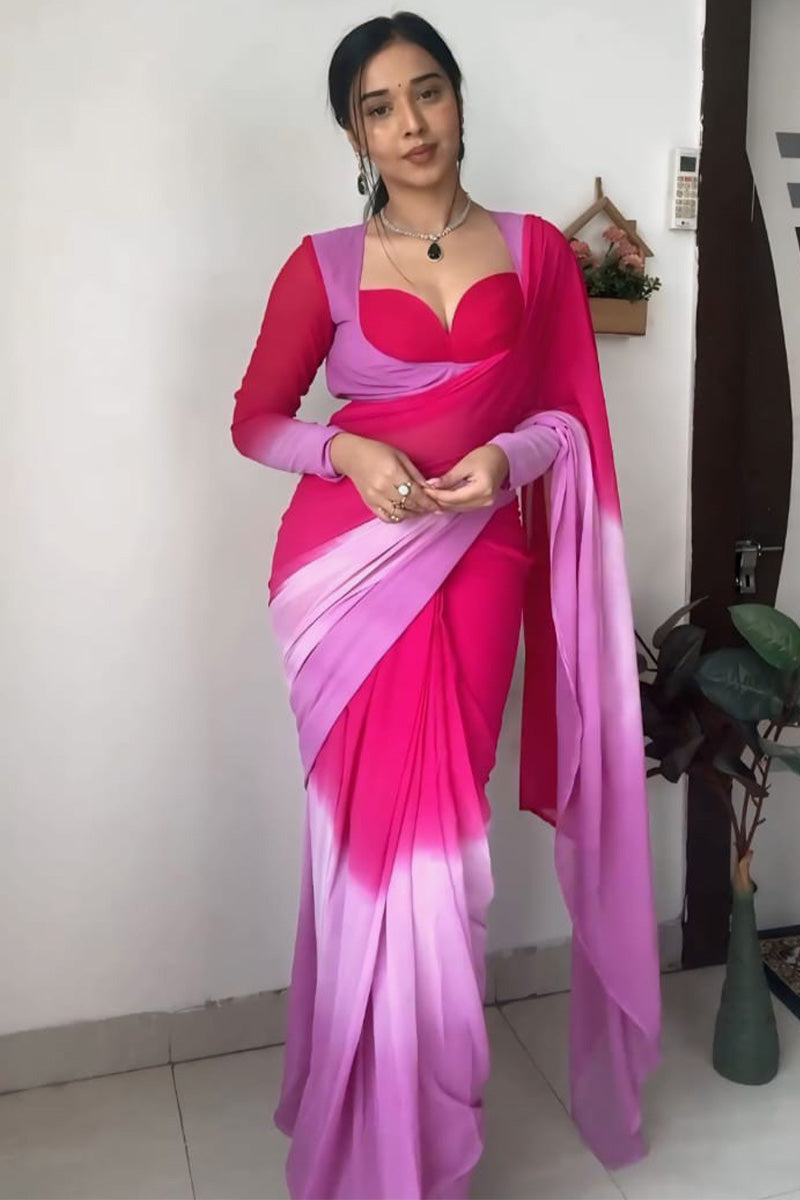 Wonderful 1-Minute Ready To Wear Pink and Lavender Georgette Saree