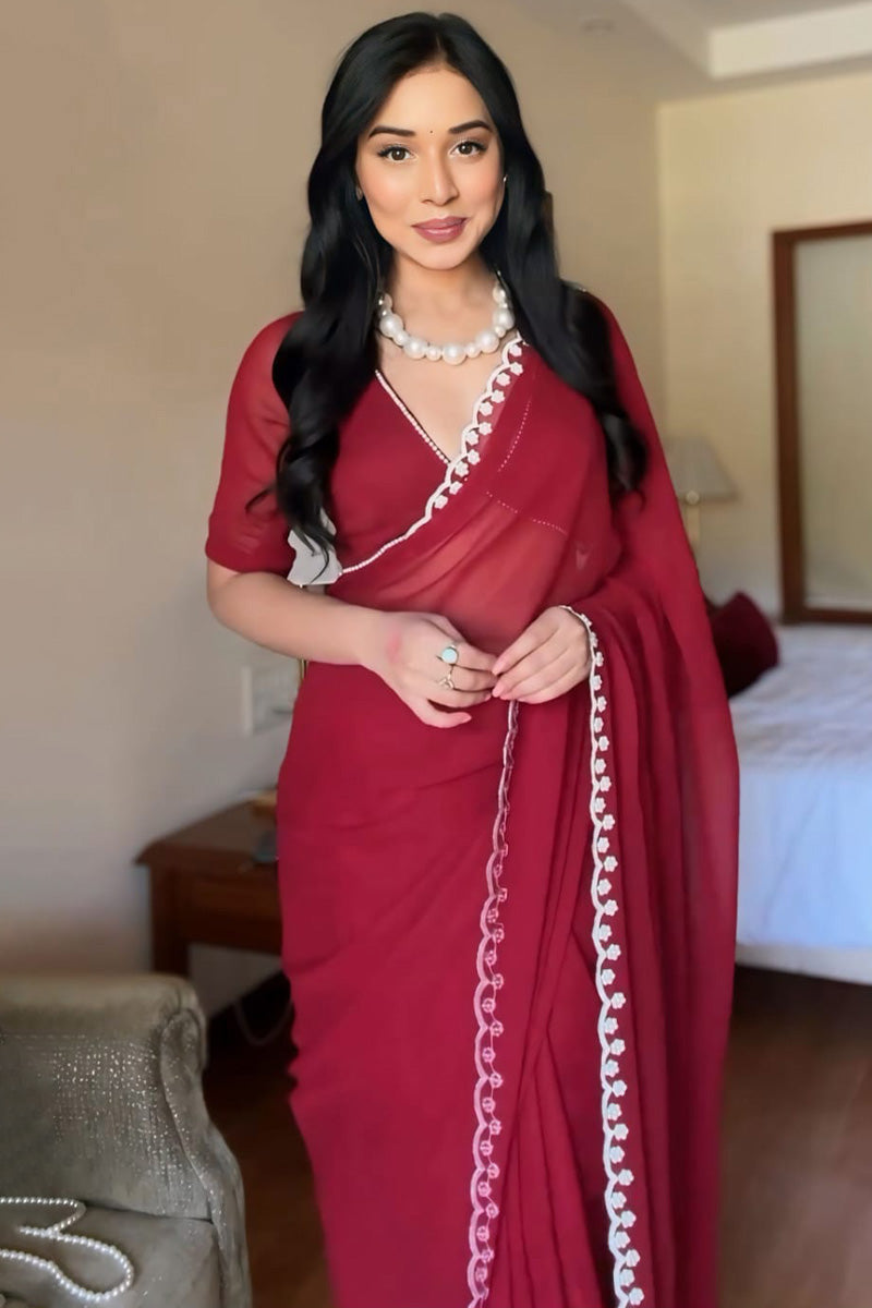 Adorning 1-Minute Ready To Wear Maroon Georgette Saree