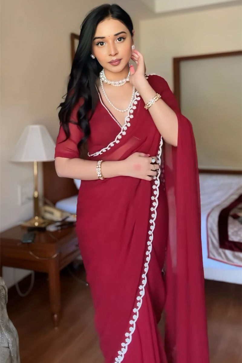 Adorning 1-Minute Ready To Wear Maroon Georgette Saree