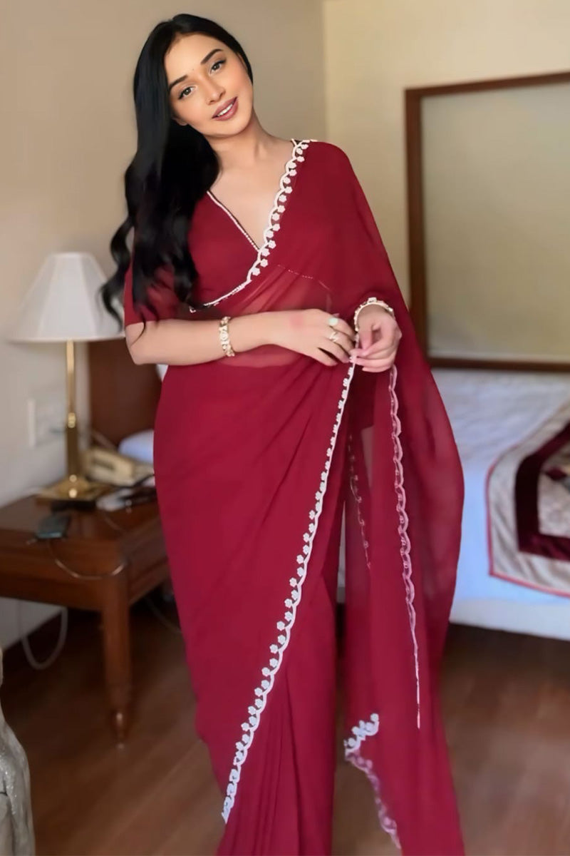 Adorning 1-Minute Ready To Wear Maroon Georgette Saree
