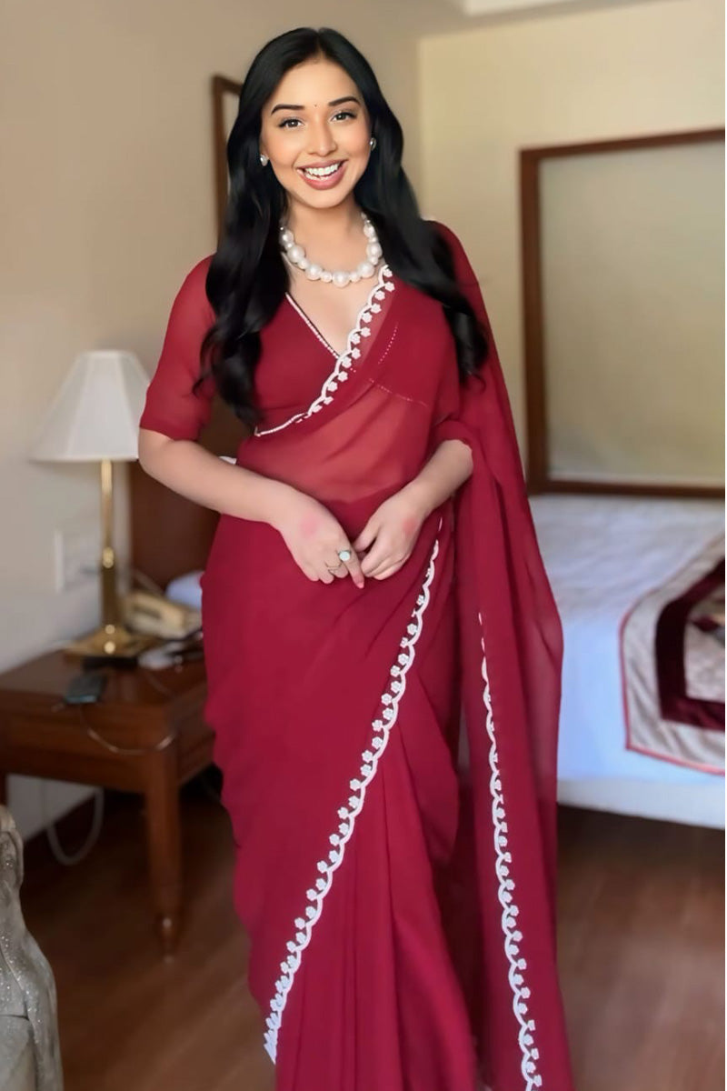 Adorning 1-Minute Ready To Wear Maroon Georgette Saree
