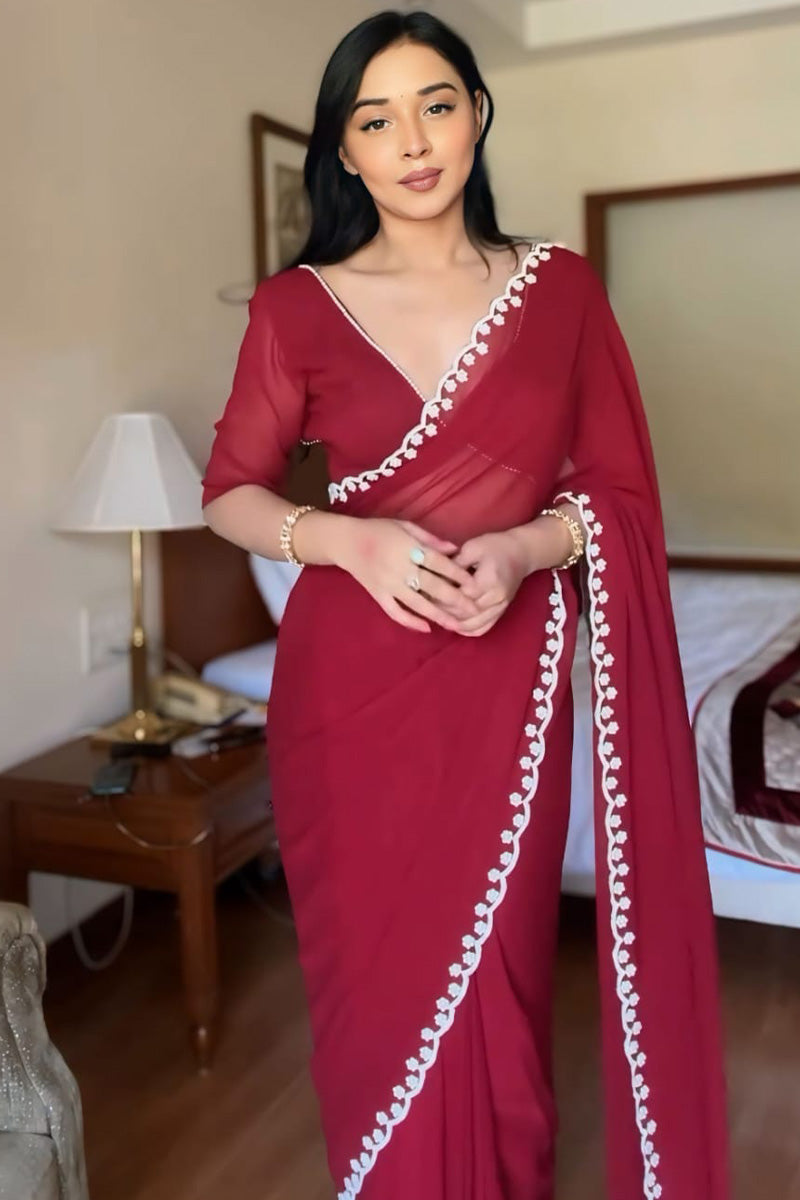 Adorning 1-Minute Ready To Wear Maroon Georgette Saree