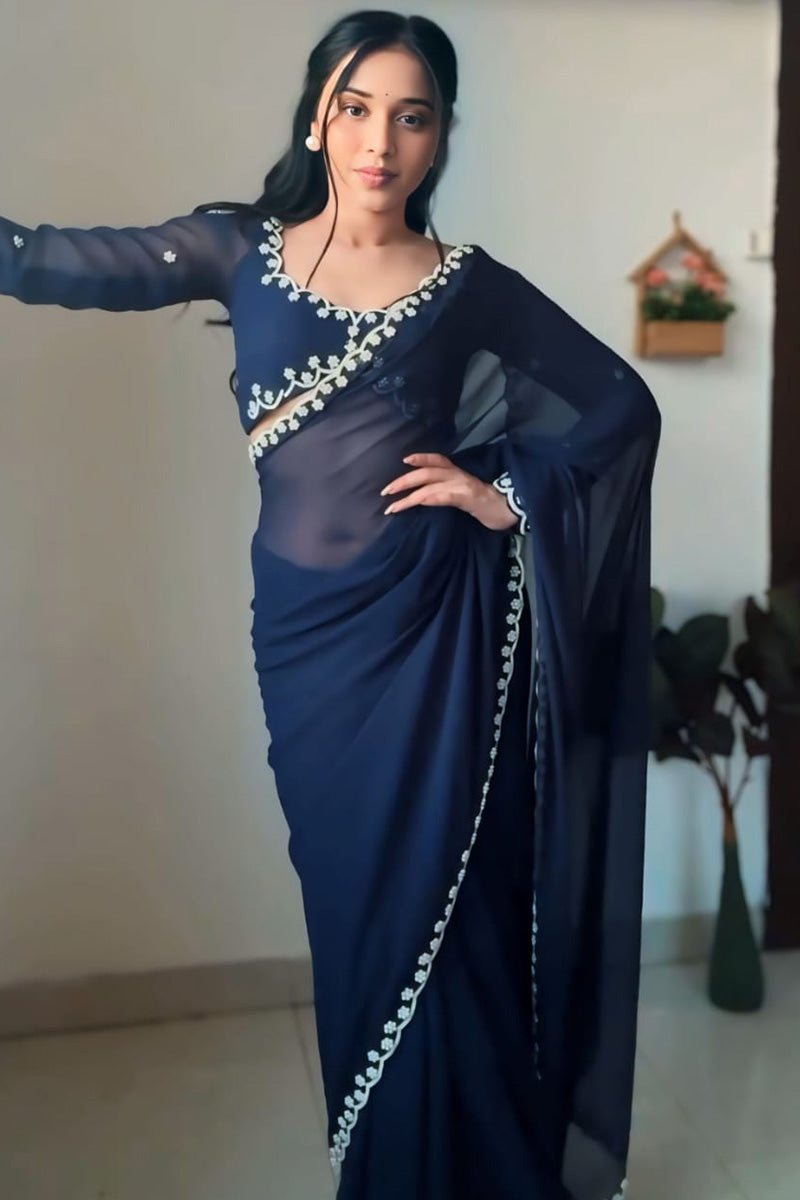 Skinny 1-Minute Ready To Wear Navy Blue Georgette Saree