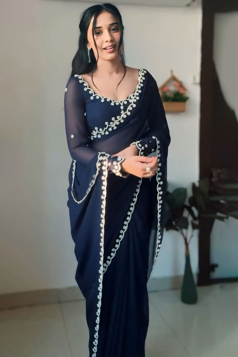 Skinny 1-Minute Ready To Wear Navy Blue Georgette Saree