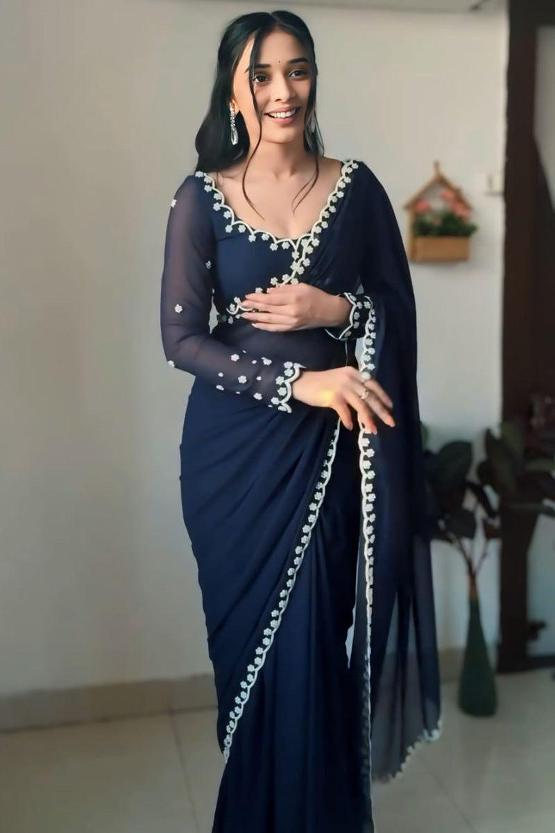 Skinny 1-Minute Ready To Wear Navy Blue Georgette Saree