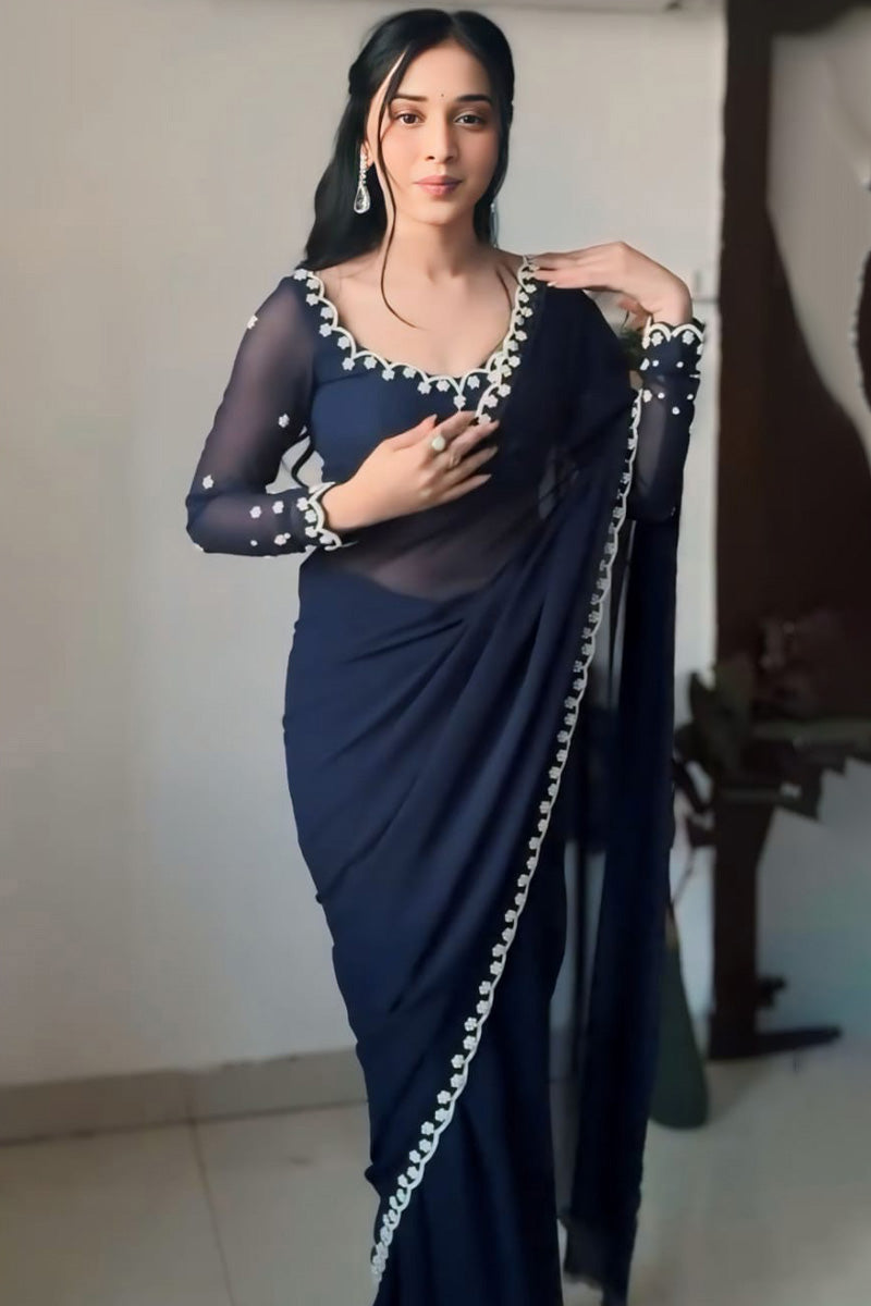 Skinny 1-Minute Ready To Wear Navy Blue Georgette Saree