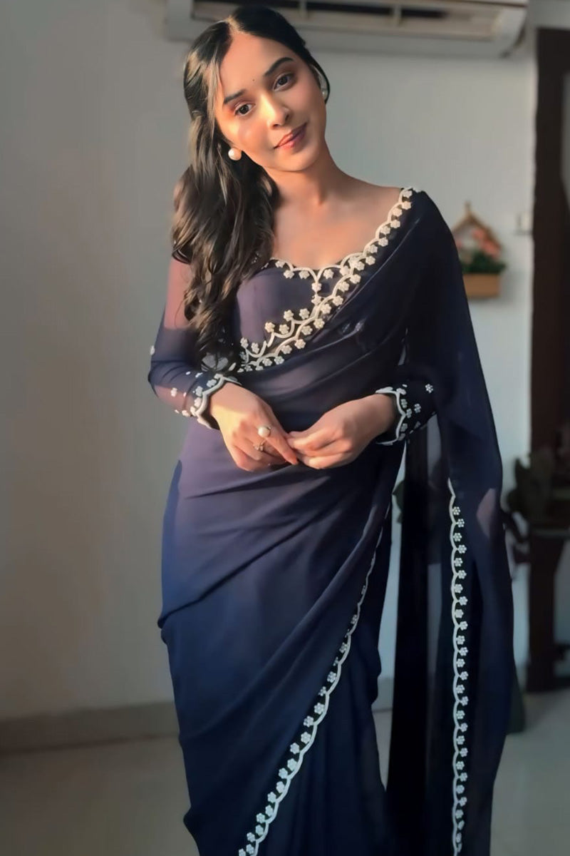 Skinny 1-Minute Ready To Wear Navy Blue Georgette Saree