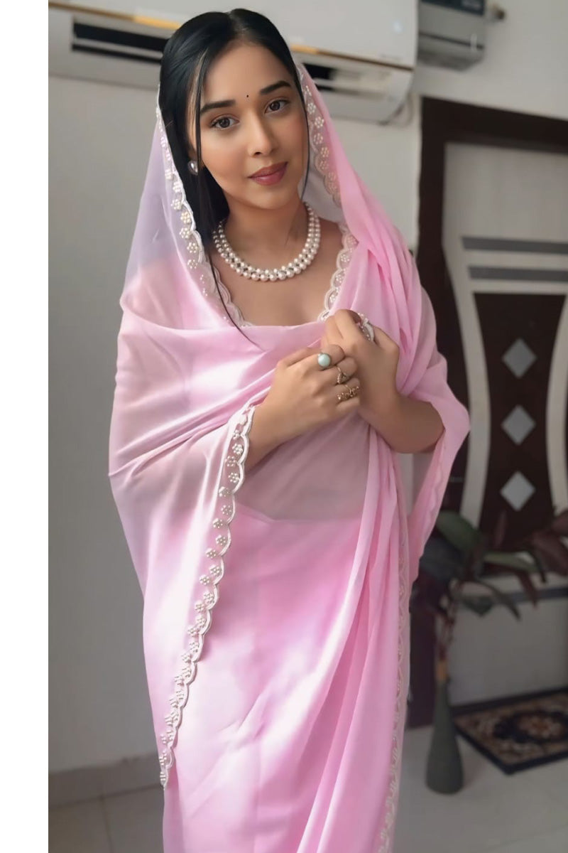Stylish 1-Minute Ready To Wear Pink Georgette Saree