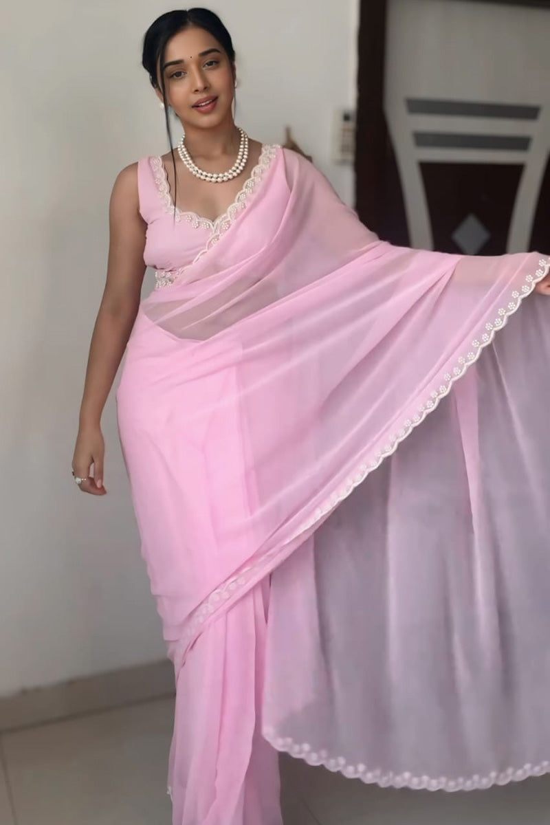 Stylish 1-Minute Ready To Wear Pink Georgette Saree