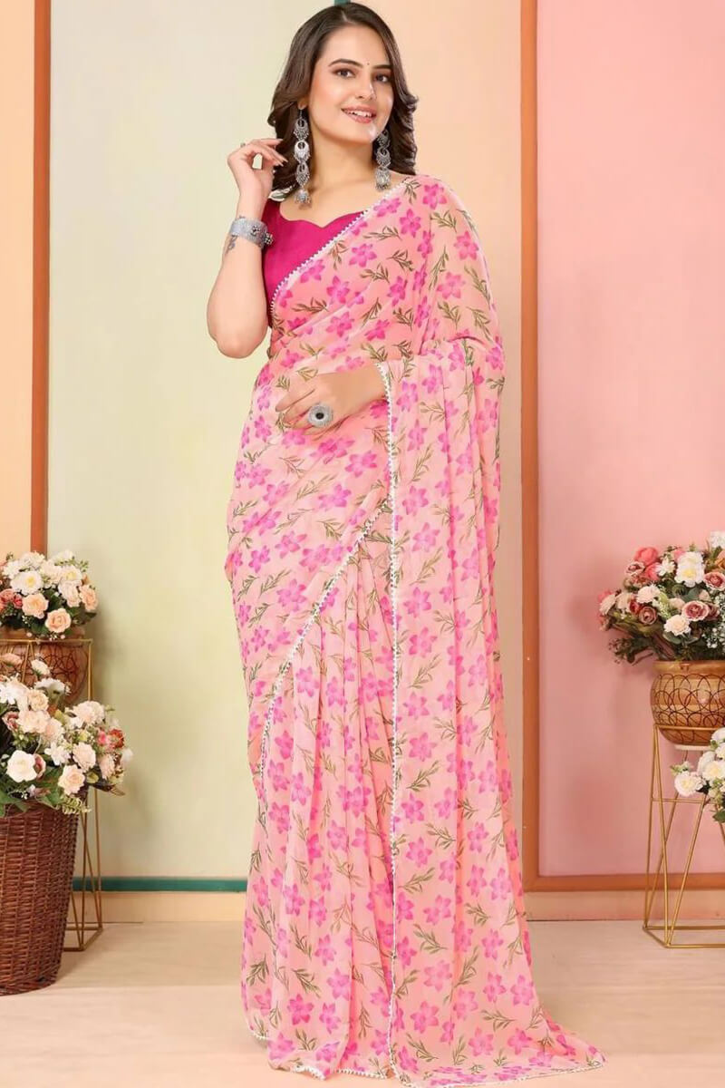 Outstanding 1-Minute Ready To Wear Pink Georgette Saree