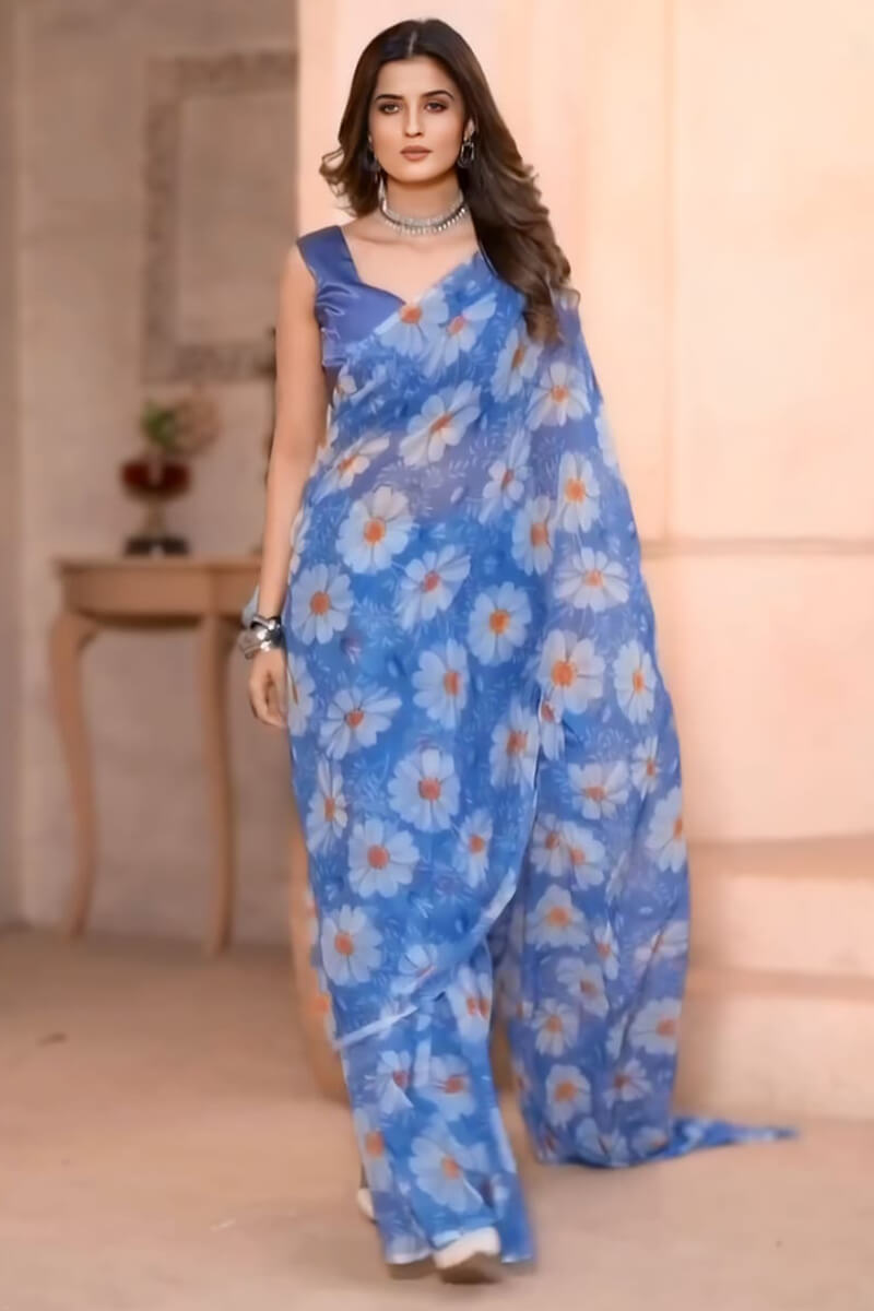 Glowing 1-Minute Ready To Wear Blue Georgette Saree