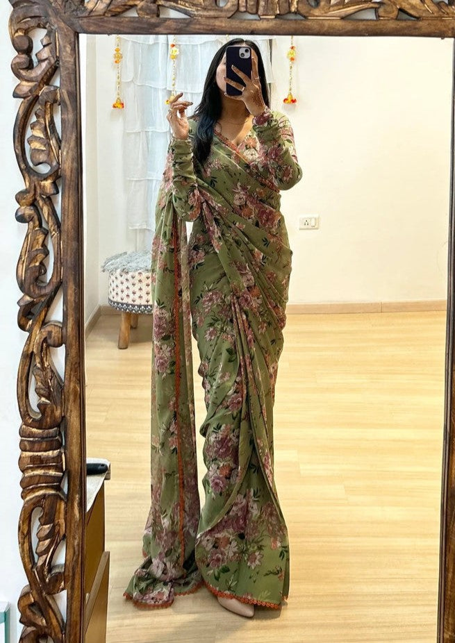 Staring 1-Minute Ready To Wear Green Georgette Saree