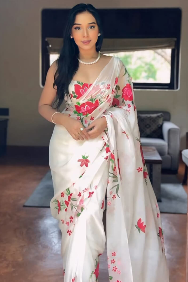 Invaluable 1-Minute Ready To Wear White Georgette Saree