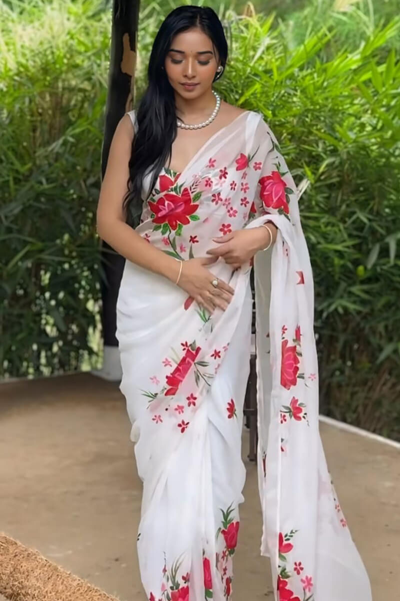 Invaluable 1-Minute Ready To Wear White Georgette Saree